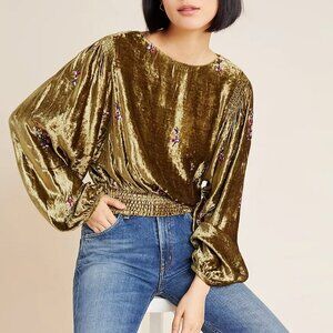 Anthropologie Seen Worn Kept Women's Tori Embroidered Velvet Blouse Size Small